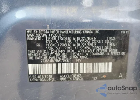 2011 Toyota Rav4 из США, поврежденный, VIN 2T3BF4DV7BW170987